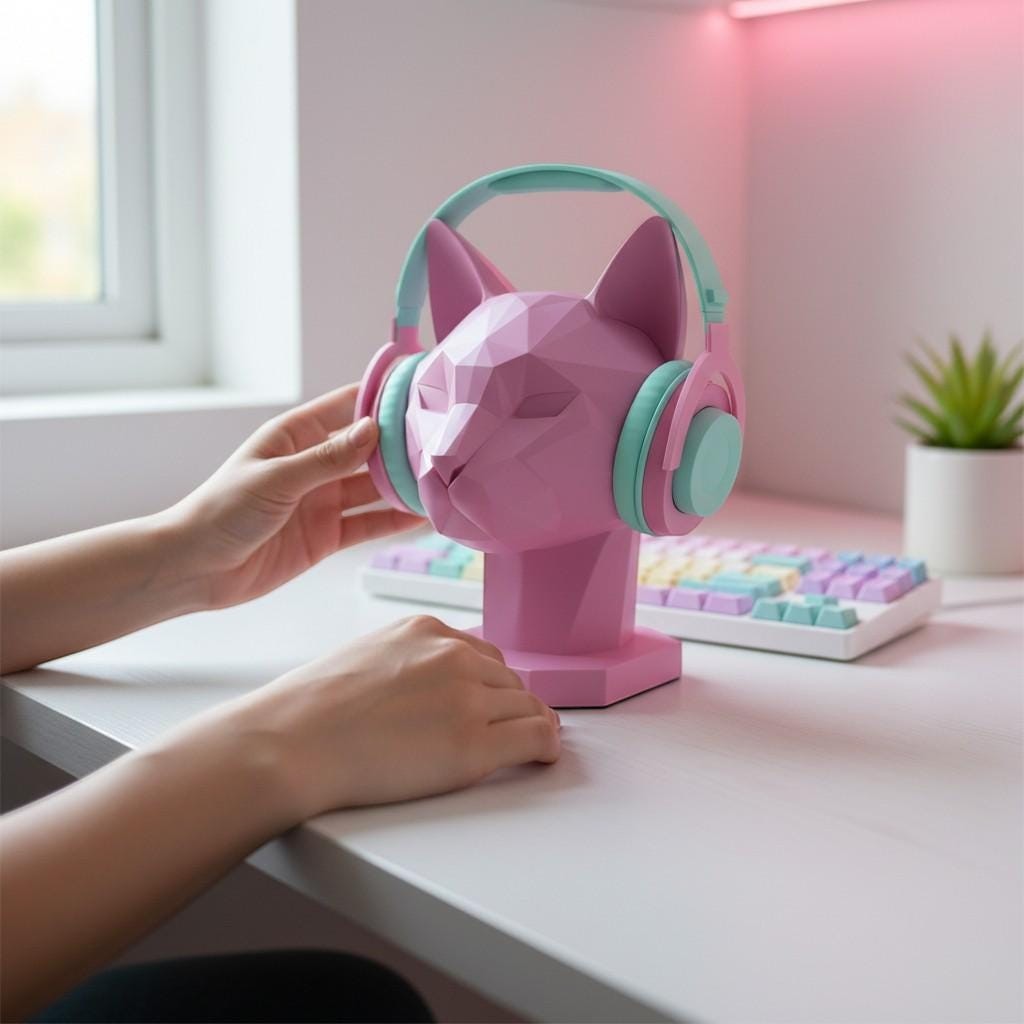 Happy3dWorld pink geometric cat headphone stand holding pastel mint and pink over-ear headphones on a desk.