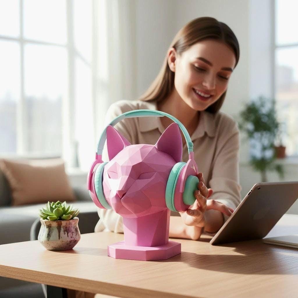 Happy3dWorld pink geometric cat headphone stand on a desk with a woman using a tablet in the background.