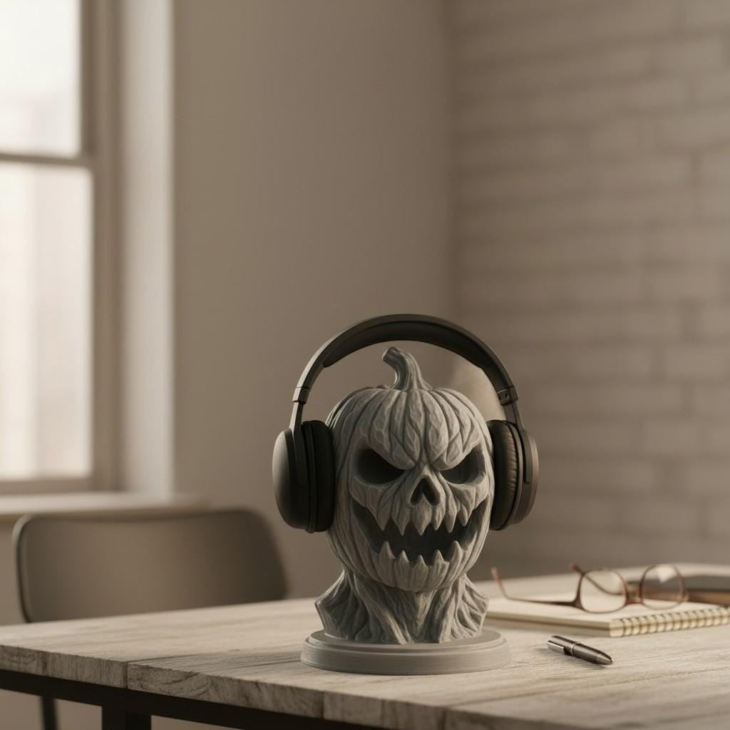 Happy3dWorld matte grey 3D printed pumpkin skull headphone stand on a desk for gothic Halloween office decor