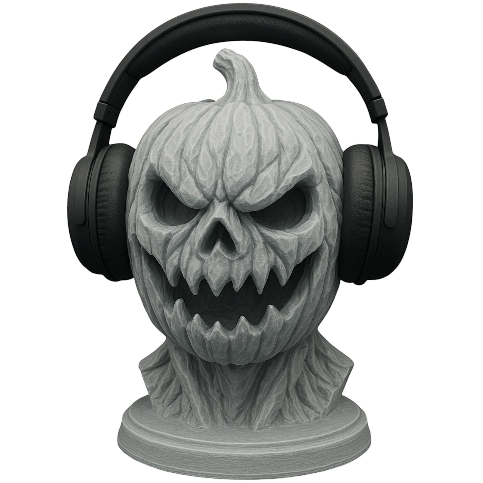 Happy3dWorld grey 3D printed pumpkin skull headphone stand with matte texture for gothic desk decor