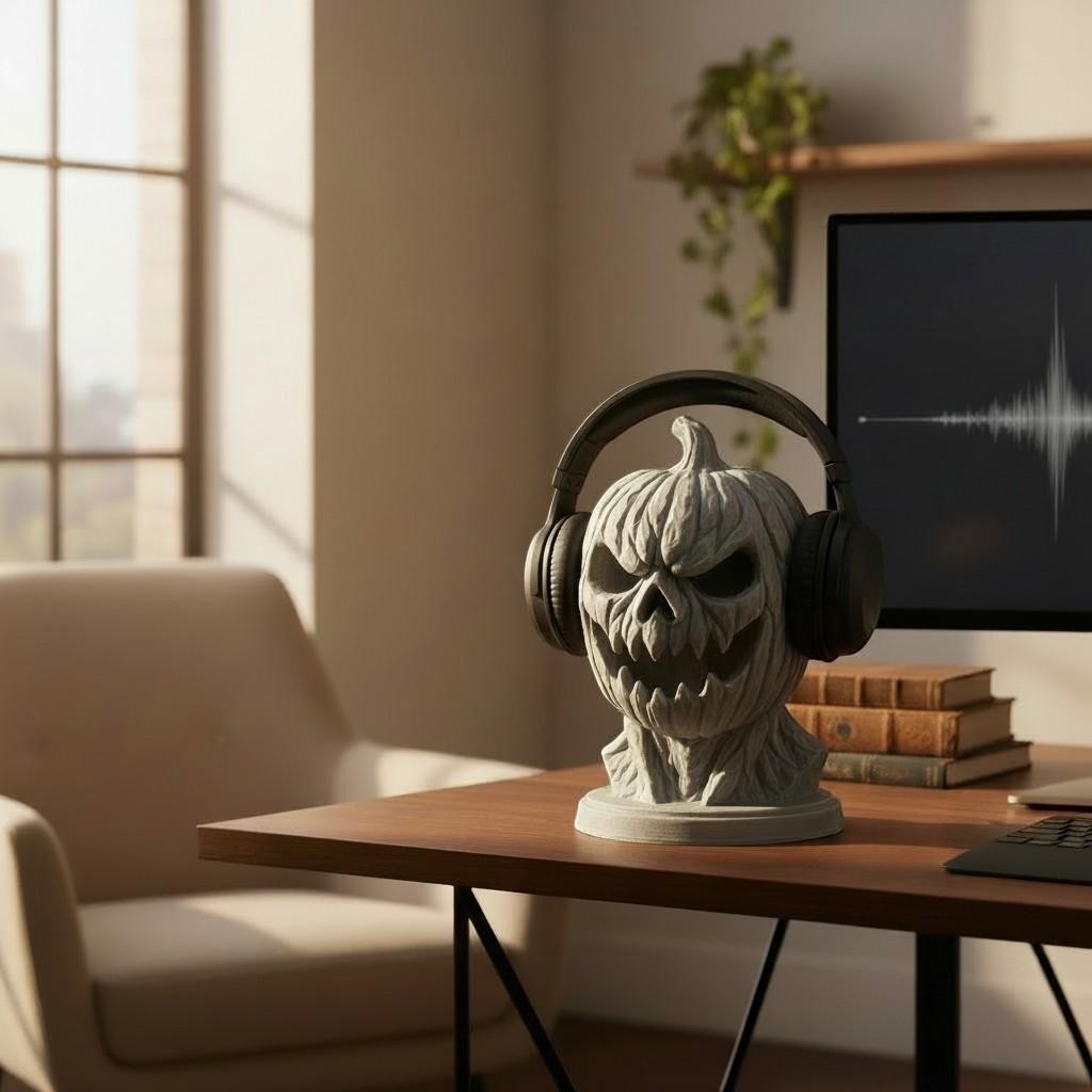 Happy3dWorld 3D printed matte grey pumpkin skull headphone stand on a wooden desk for gothic office decor