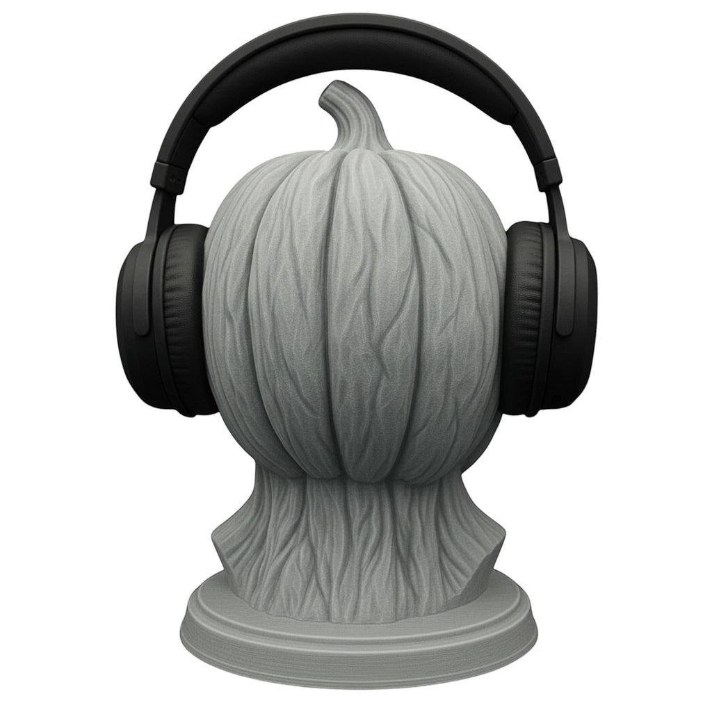 Happy3dWorld 3D printed grey pumpkin skull headphone stand with matte finish holding black over-ear headphones.