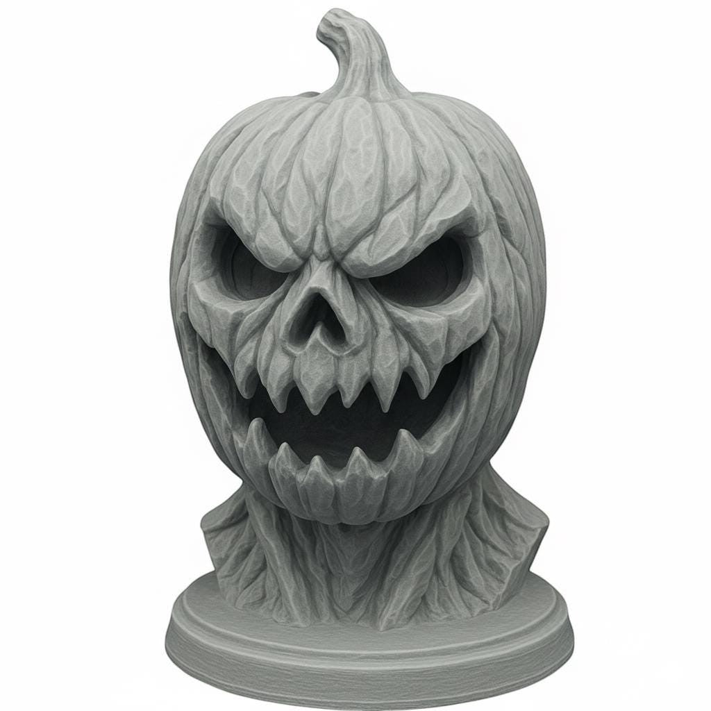 Happy3dWorld grey 3D printed pumpkin skull headphone stand with a matte finish for gothic desk decor.