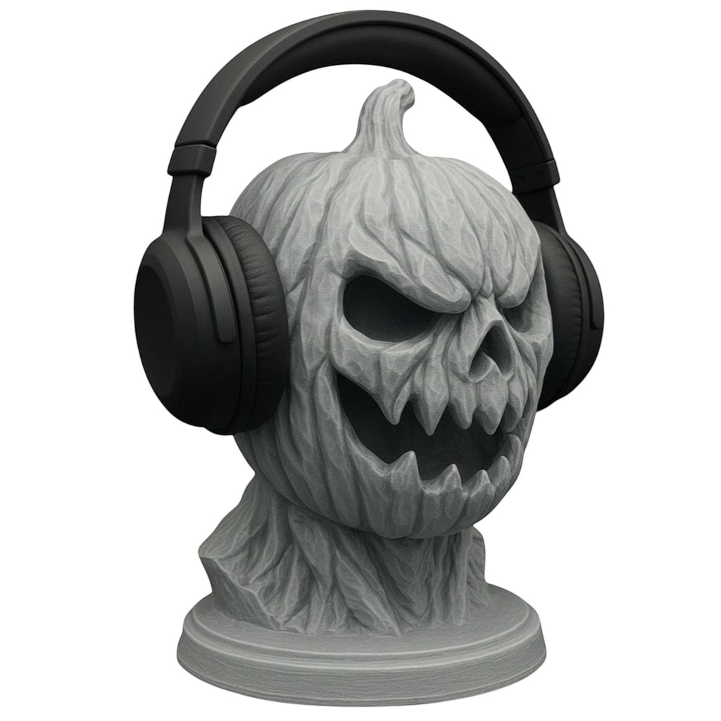 Happy3dWorld 3D printed grey pumpkin skull headphone stand with matte texture for gothic desk decor