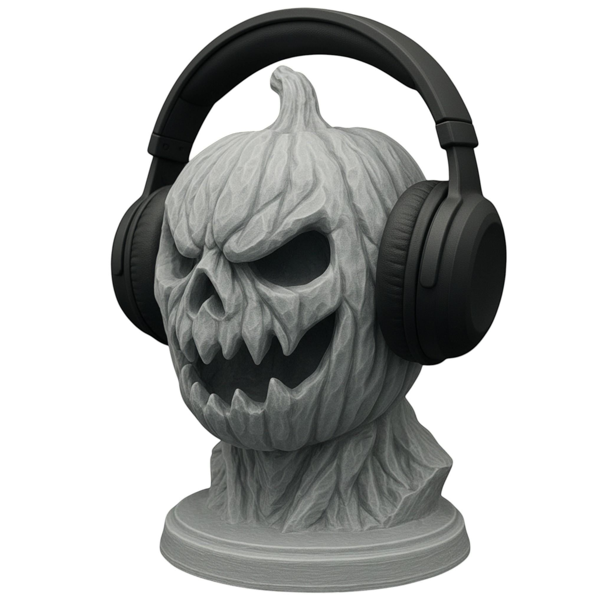 Happy3dWorld 3D printed grey pumpkin skull headphone stand with a matte finish for gothic desk decor