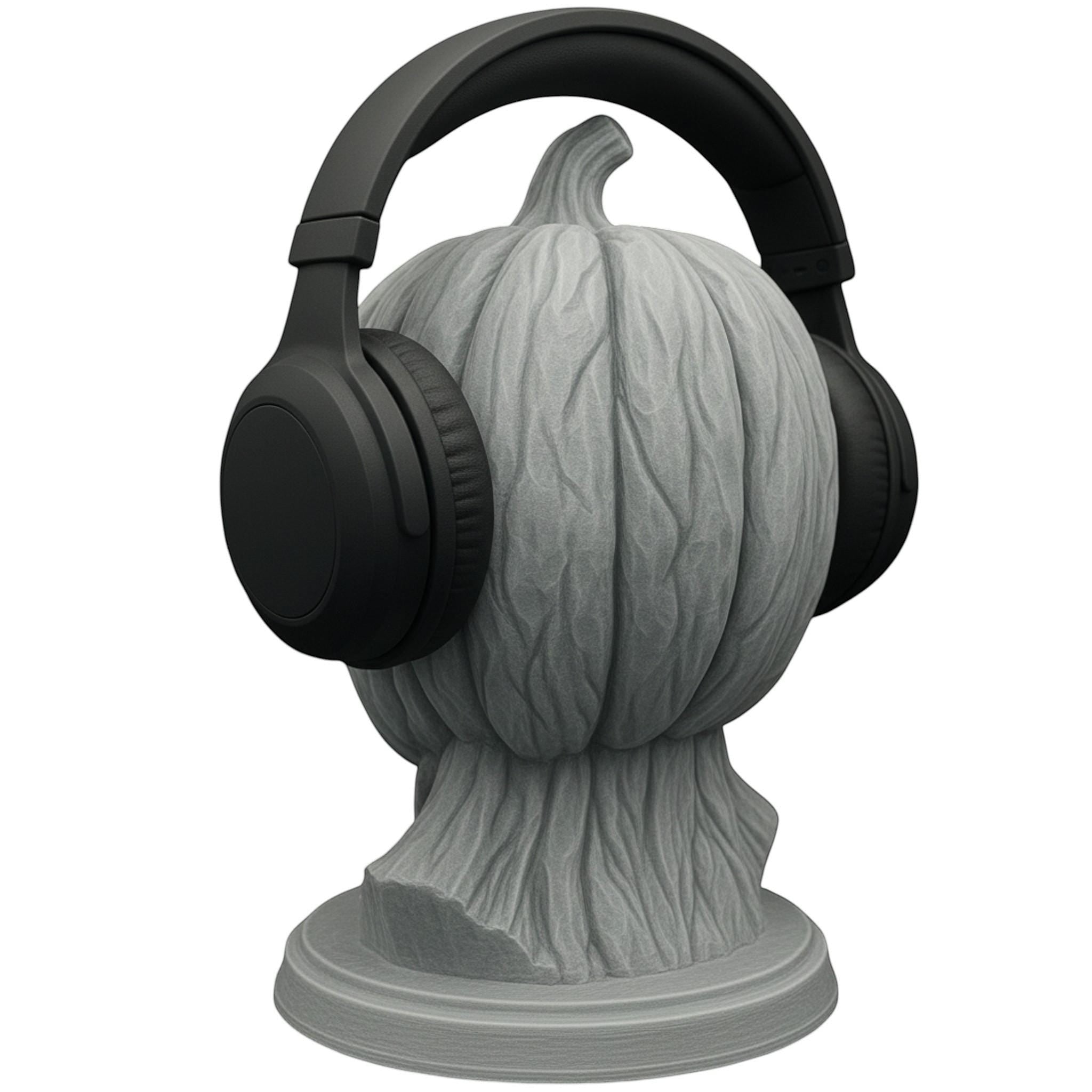 Happy3dWorld grey 3D printed pumpkin skull headphone stand with matte finish holding black over-ear headphones.