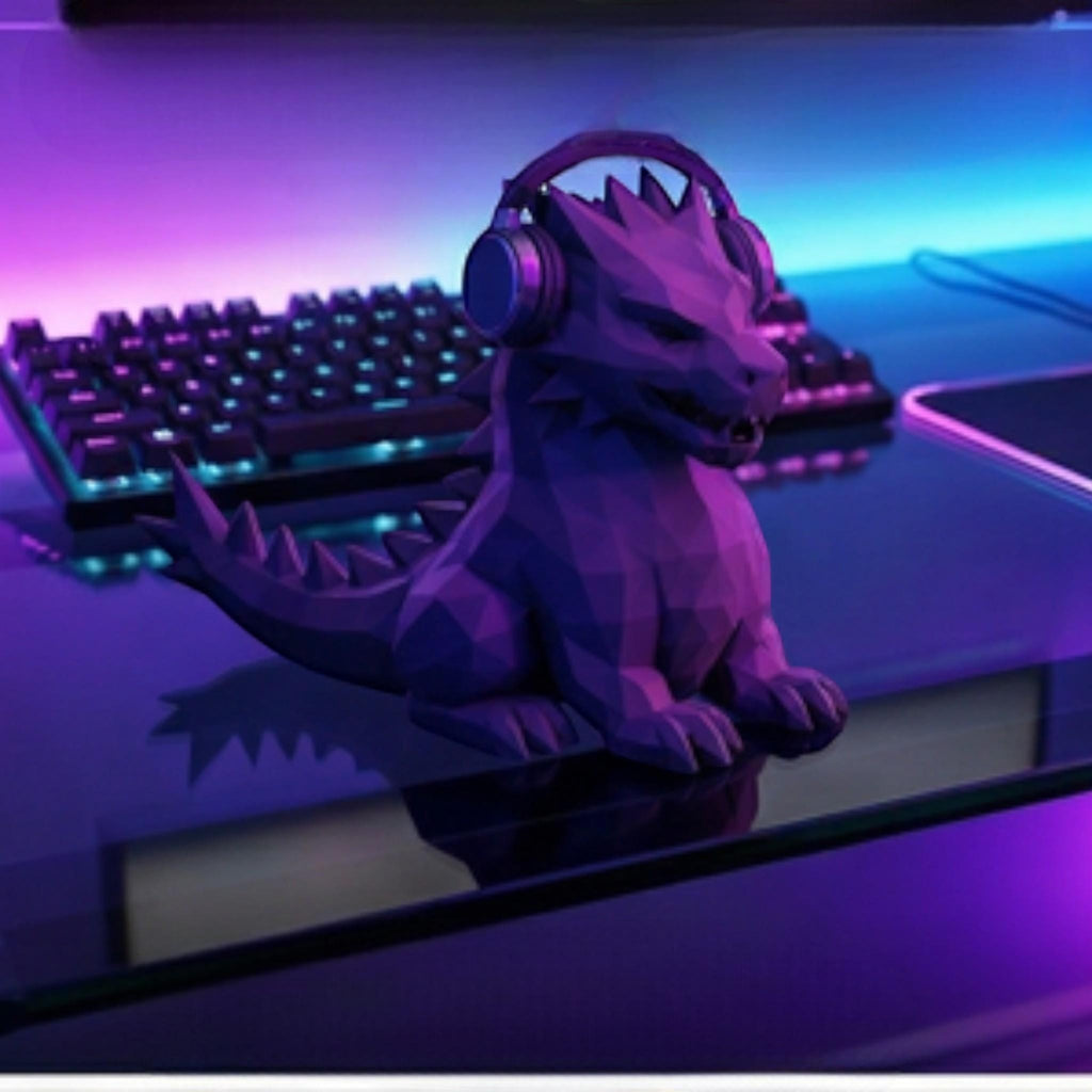 Happy3dWorld purple geometric dragon headphone stand on a gaming desk with RGB lighting and headphones