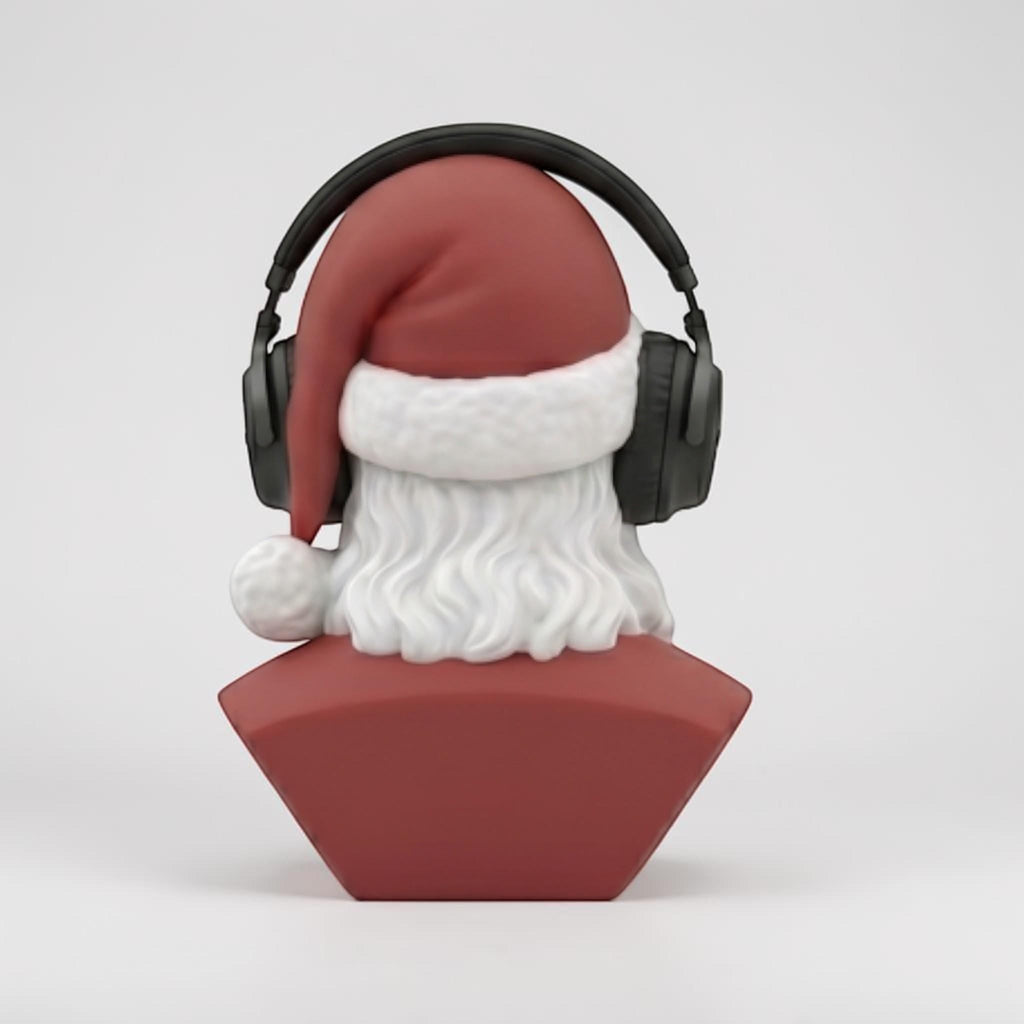 Happy3dWorld 3D printed Santa bust wearing black over-ear headphones, featuring red and white PLA festive decor.