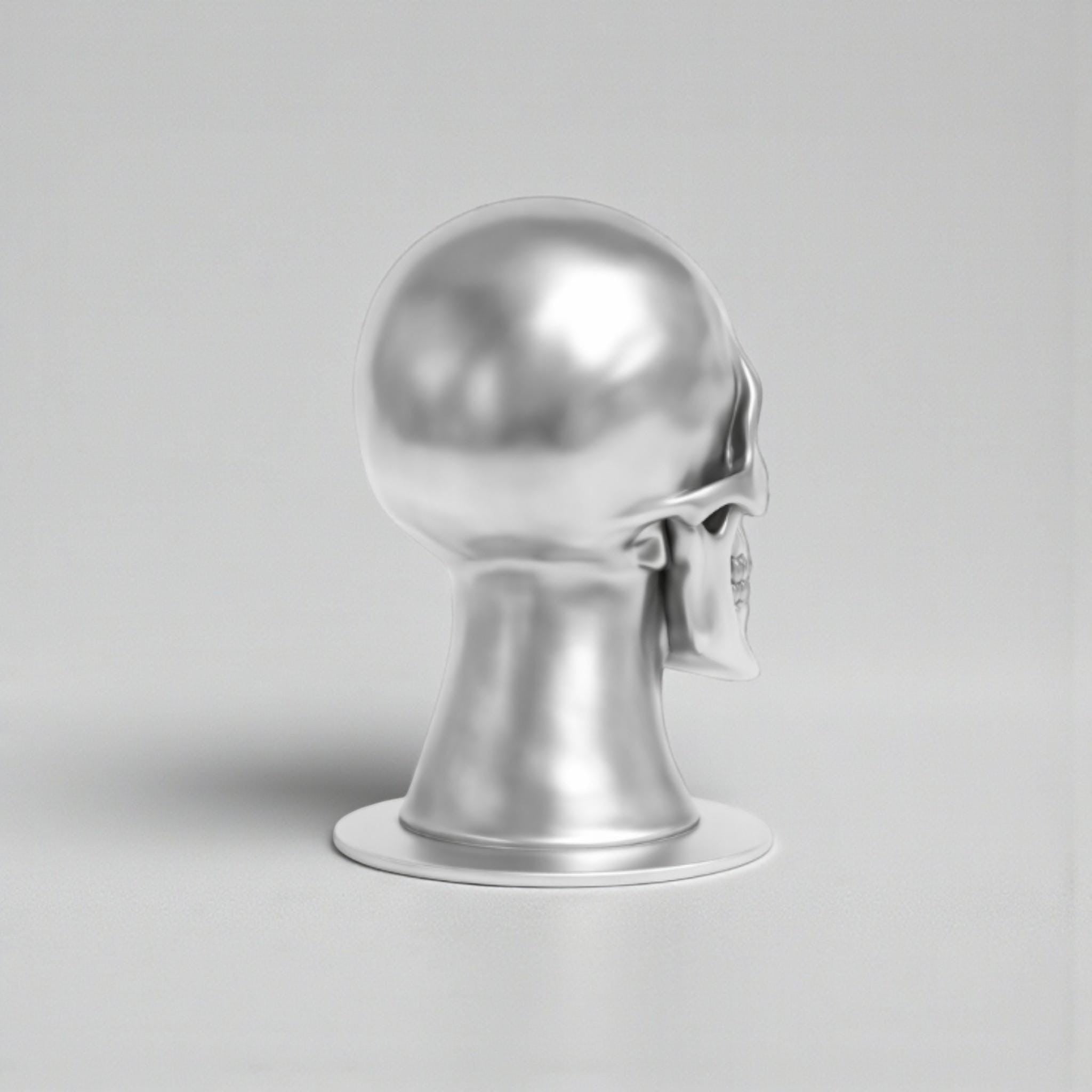 Happy3dWorld silver chrome skull headphone stand with a smooth metallic finish for cyberpunk gaming desk setups.