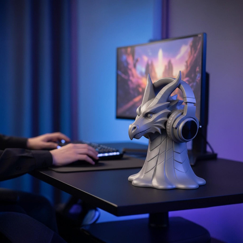 Happy3dWorld silver dragon head headphone stand on a gaming desk with a headset resting on its horns