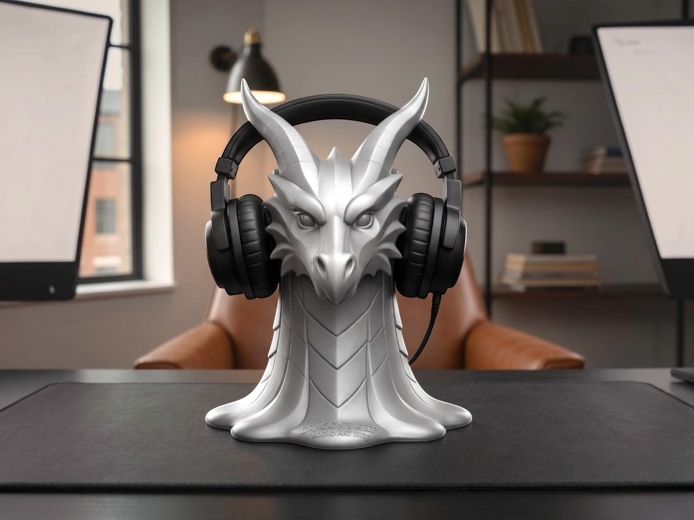 Happy3dWorld silver dragon head headphone stand holding black over-ear headset on a desk in a home office setting