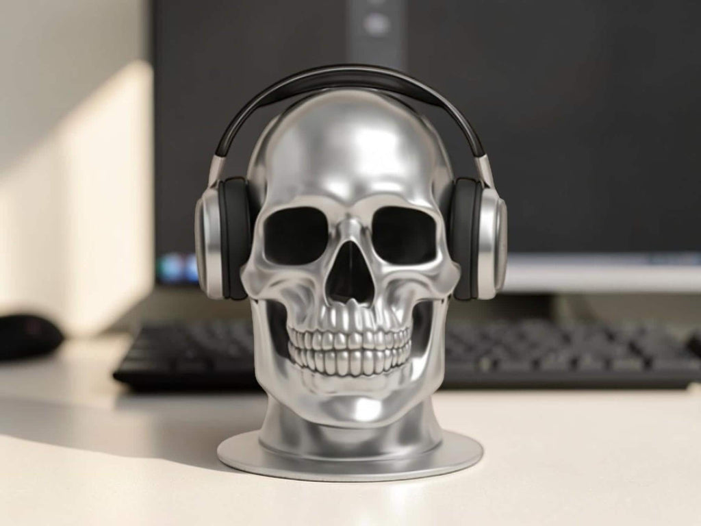 Happy3dWorld silver skull headphone stand with a sleek chrome finish displaying black over-ear gaming headphones.