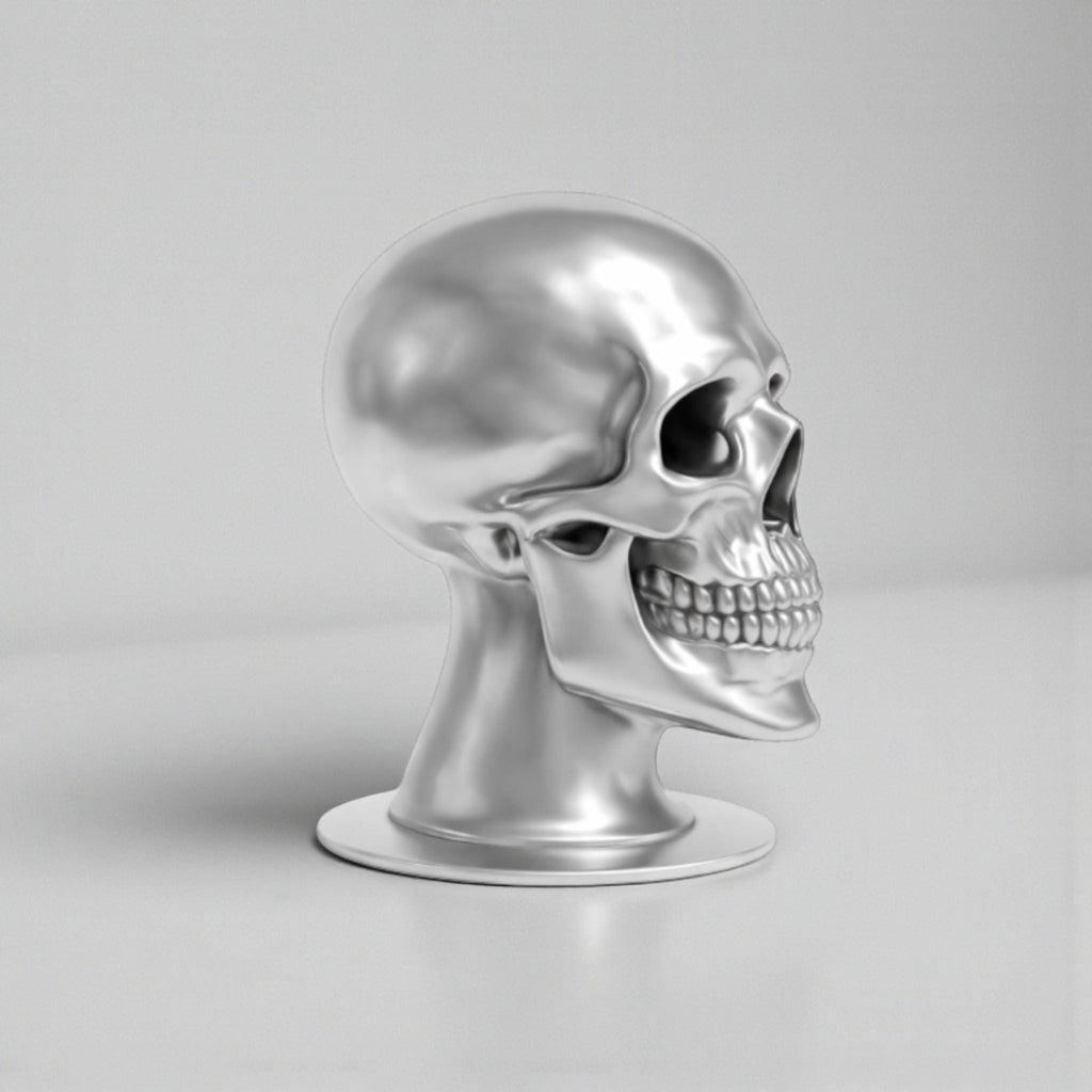 Happy3dWorld silver chrome skull headphone stand with a sleek, ergonomic design for gaming desk organization.