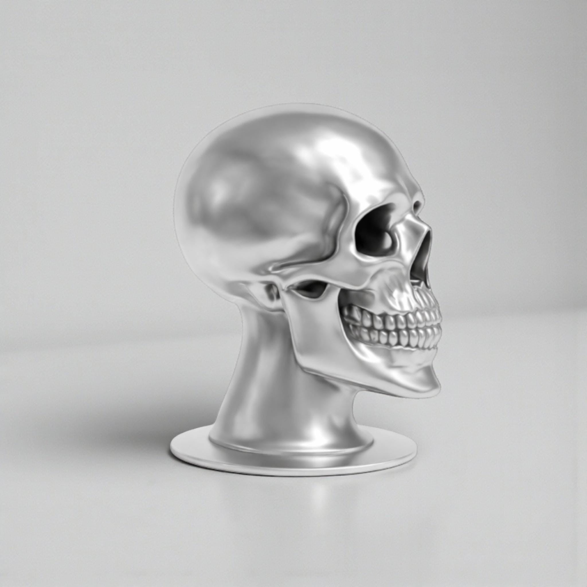 Happy3dWorld silver chrome skull headphone stand with a sleek, ergonomic design for gaming desk organization.