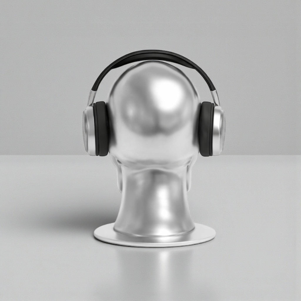 Happy3dWorld silver chrome skull headphone stand displaying black over-ear headphones on a clean desk surface.