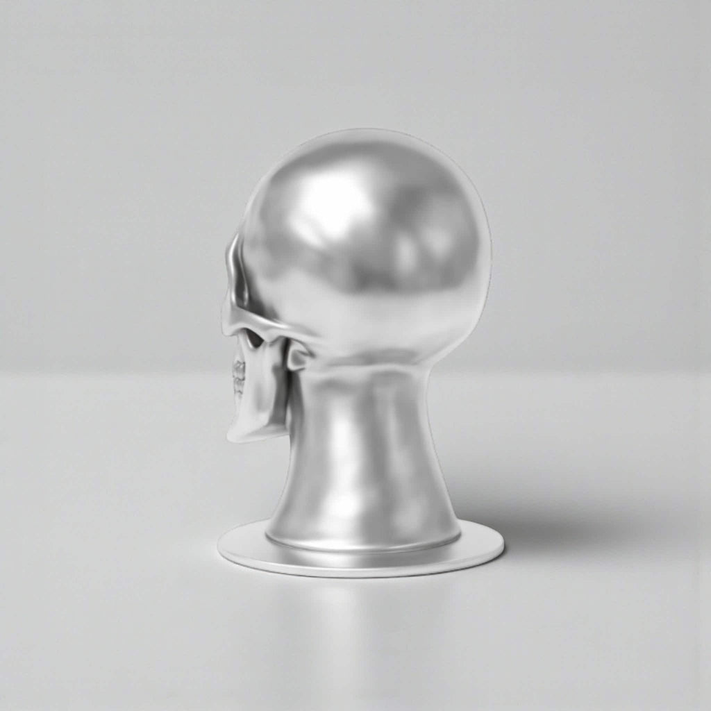 Happy3dWorld silver skull headphone stand with a sleek metallic finish for gaming desk organization
