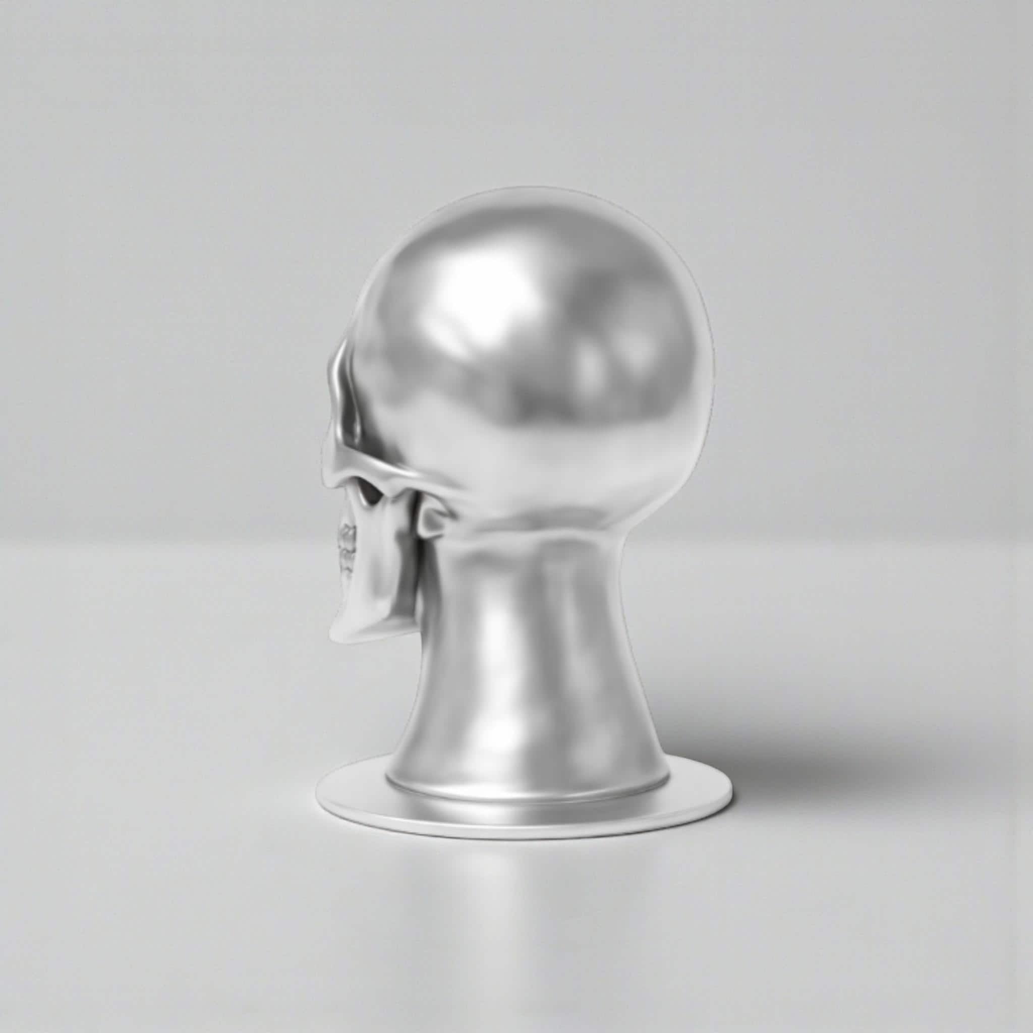 Happy3dWorld silver skull headphone stand with a sleek metallic finish for gaming desk organization