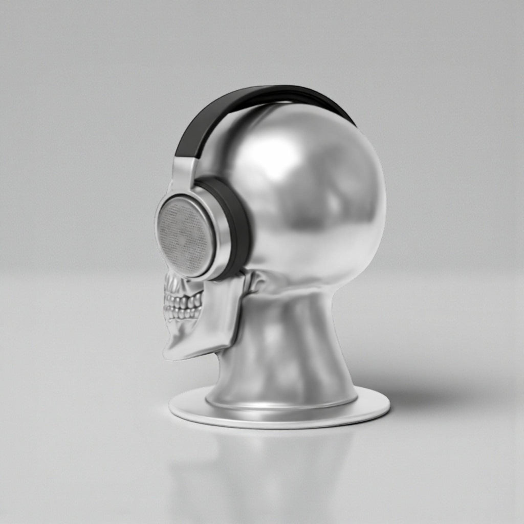 Happy3dWorld silver chrome skull headphone stand holding black over-ear gaming headset on a neutral background