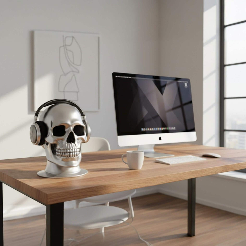 Happy3dWorld silver chrome skull headphone stand holding black over-ear headphones on a modern wooden desk setup.