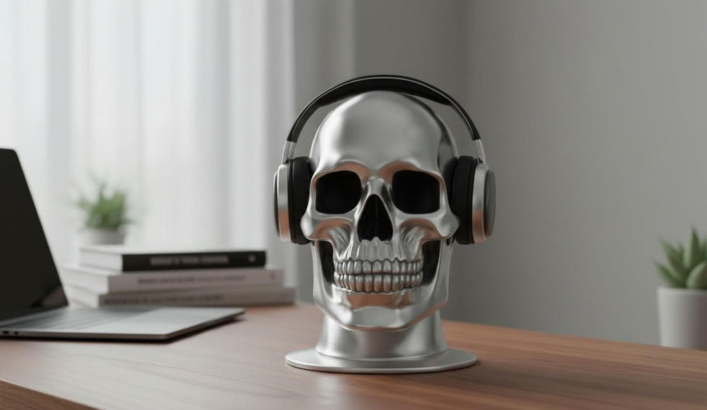 Happy3dWorld silver chrome skull headphone stand holding black over-ear gaming headset on a wooden desk.