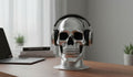 Happy3dWorld silver chrome skull headphone stand holding black over-ear gaming headset on a wooden desk.