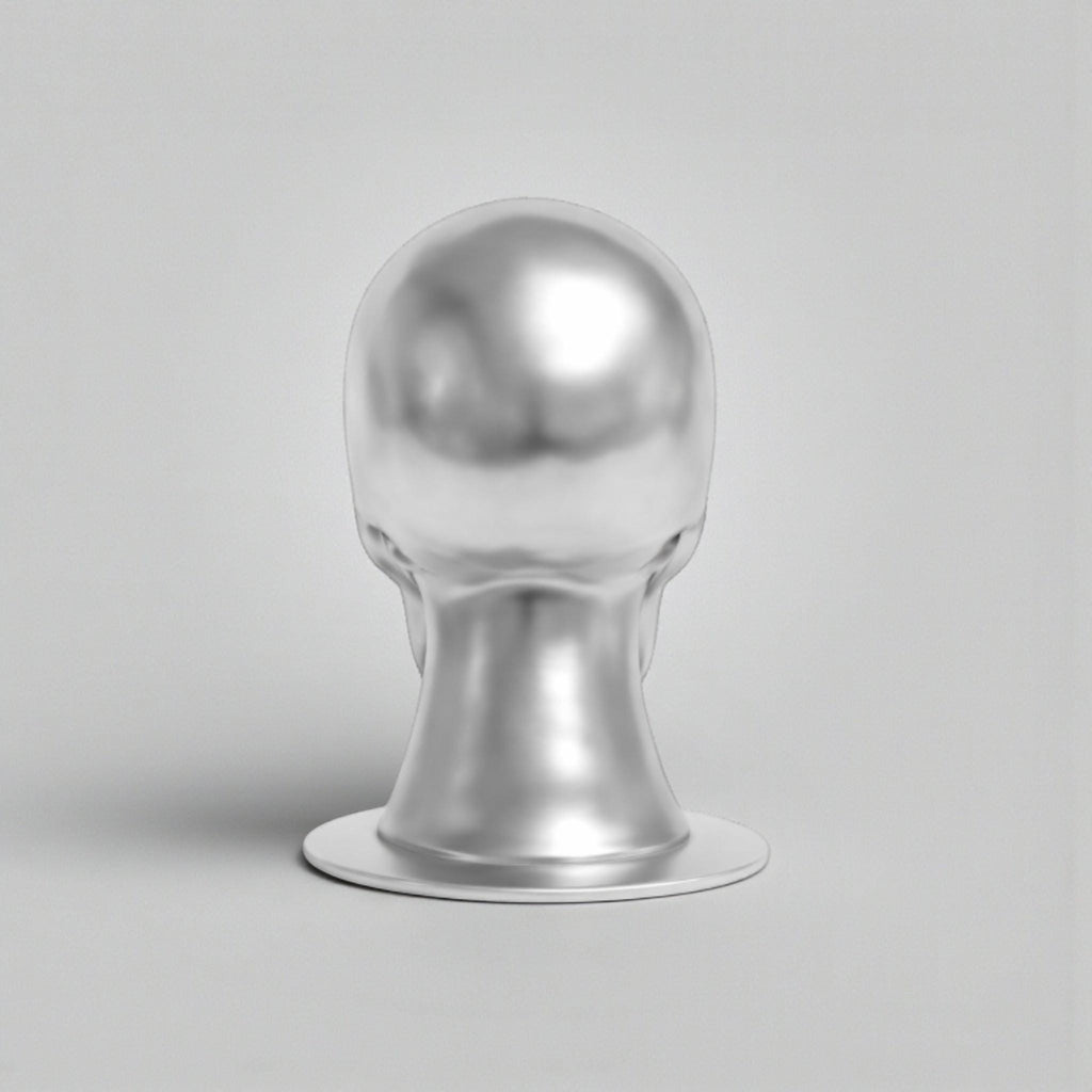 Happy3dWorld silver chrome skull headphone stand with a smooth metallic finish for gaming desk organization