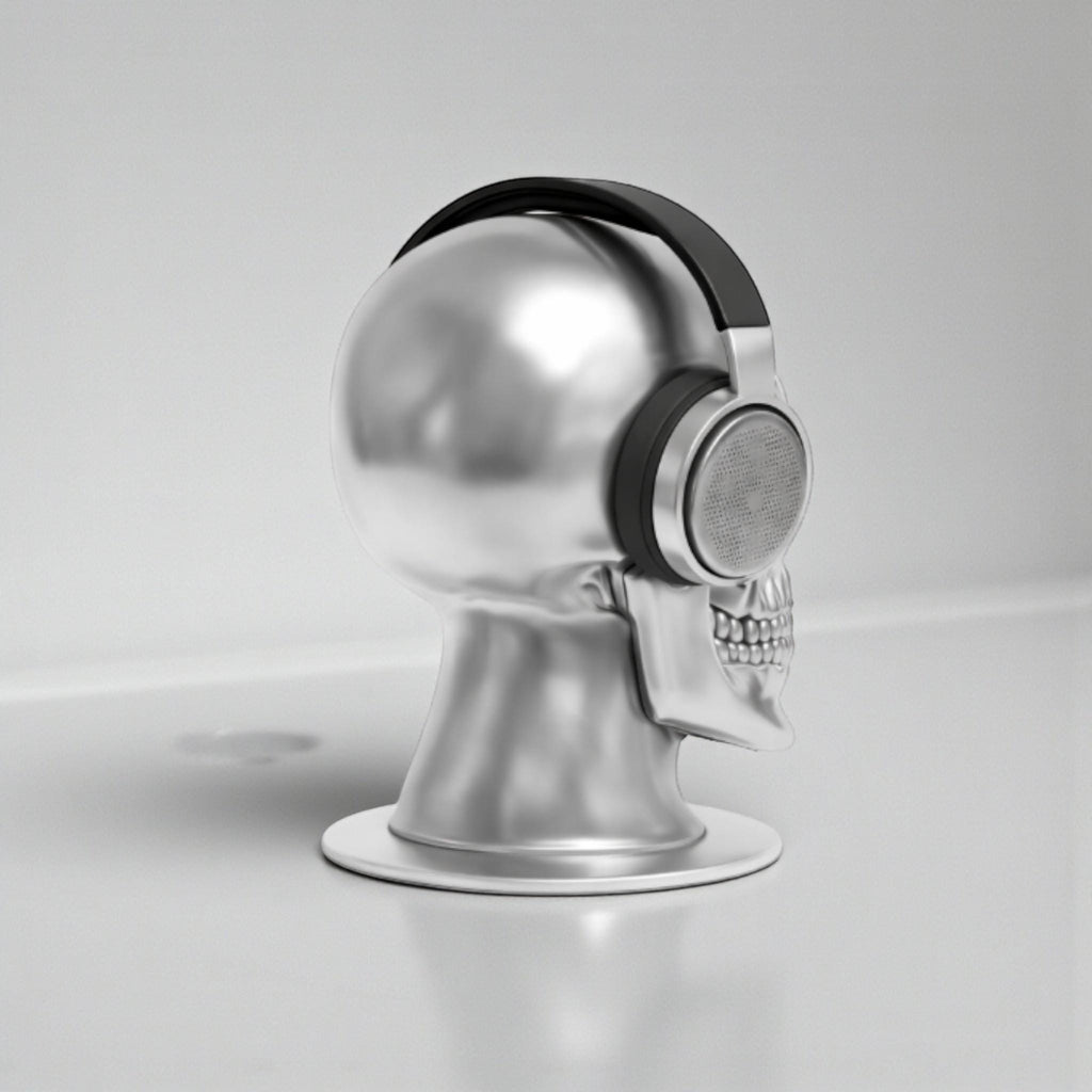 Happy3dWorld silver chrome skull headphone stand holding black over-ear gaming headset on a desk