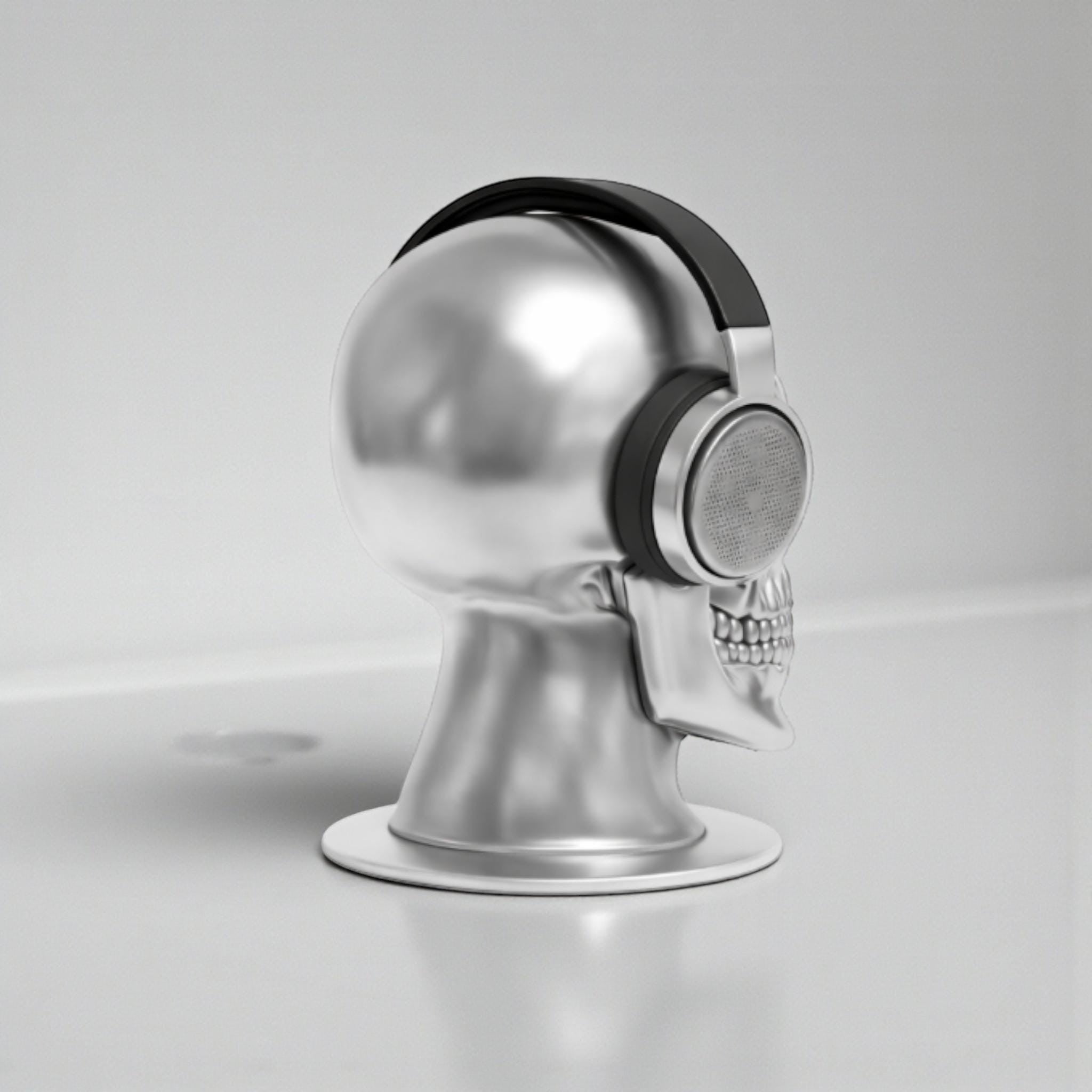 Happy3dWorld silver chrome skull headphone stand holding black over-ear gaming headset on a desk