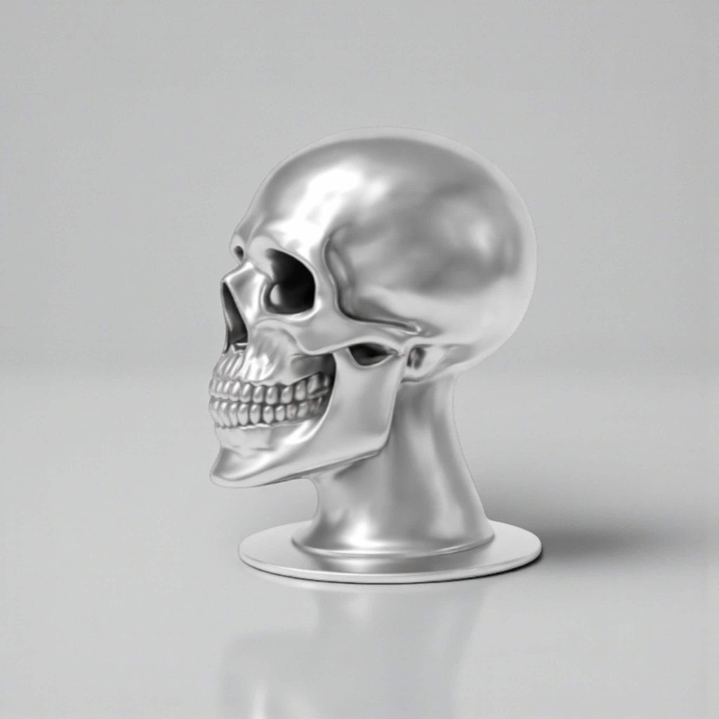 Happy3dWorld silver skull headphone stand with a metallic chrome finish for gaming desks and headset storage.