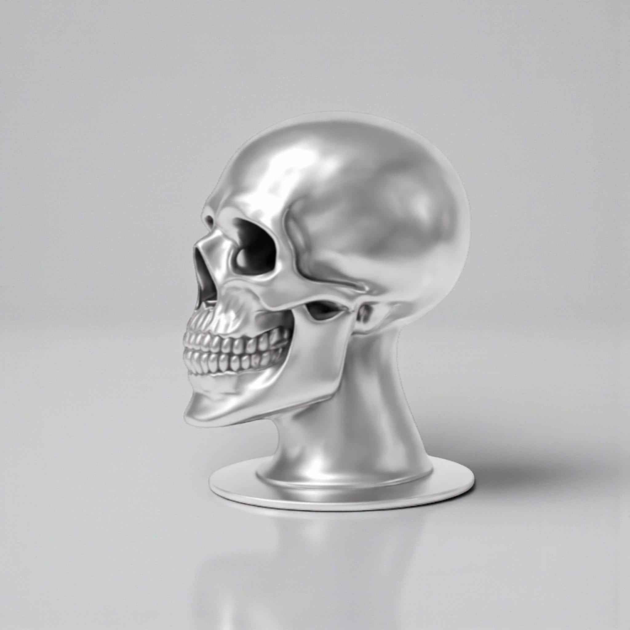 Happy3dWorld silver skull headphone stand with a metallic chrome finish for gaming desks and headset storage.