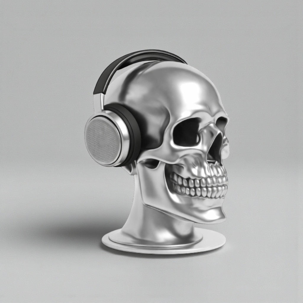 Happy3dWorld silver chrome skull headphone stand holding black over-ear gaming headset on a neutral background
