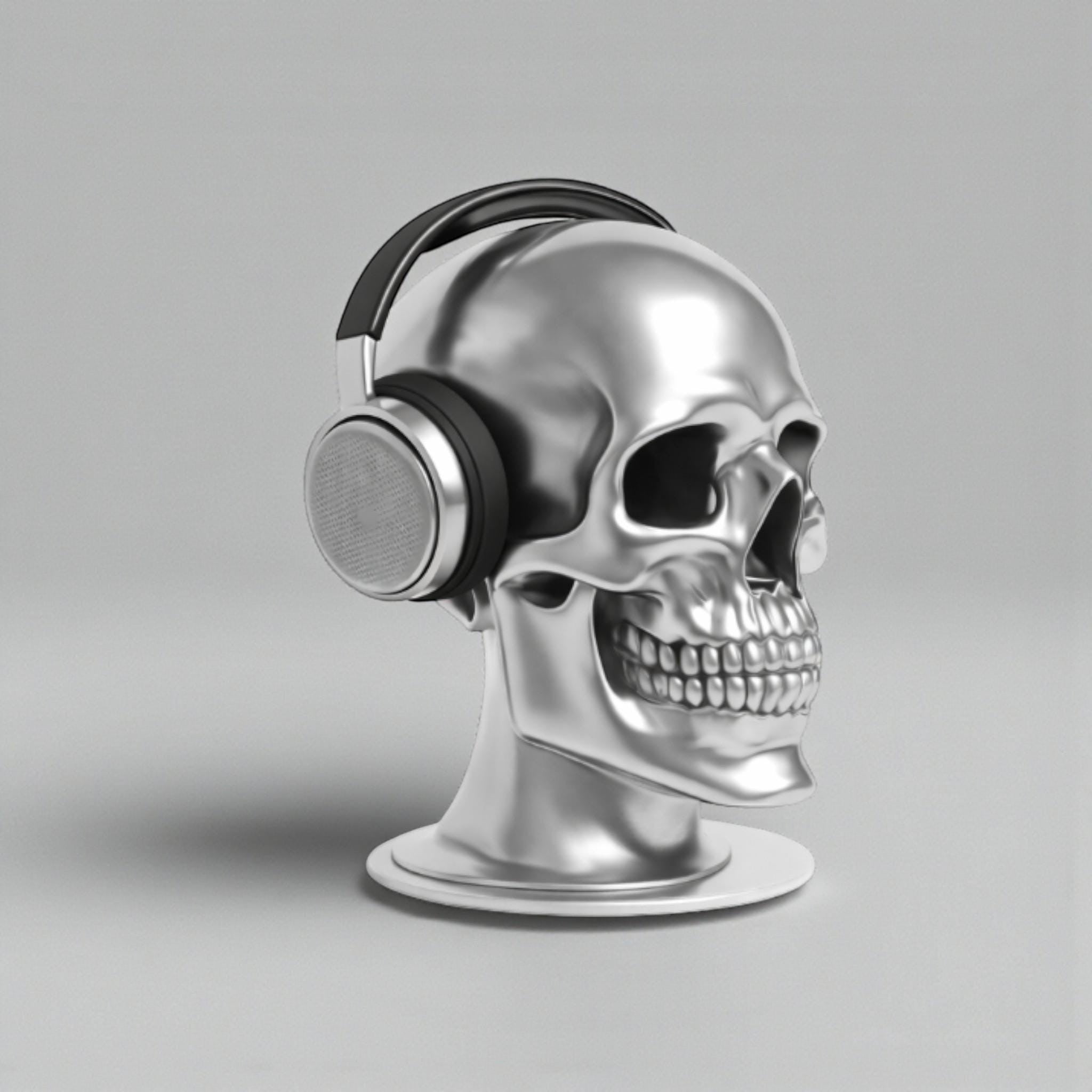 Happy3dWorld silver chrome skull headphone stand holding black over-ear gaming headset on a neutral background