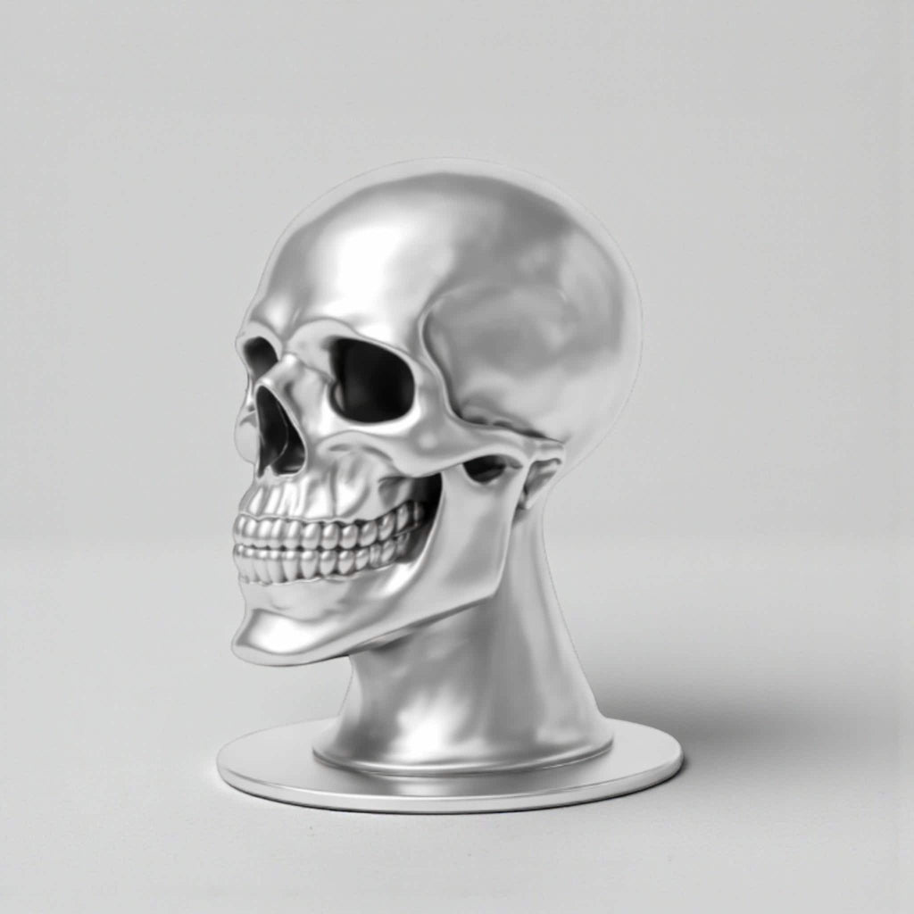 Happy3dWorld silver chrome skull headphone stand with a sleek metallic finish for cyberpunk gaming desk setups.