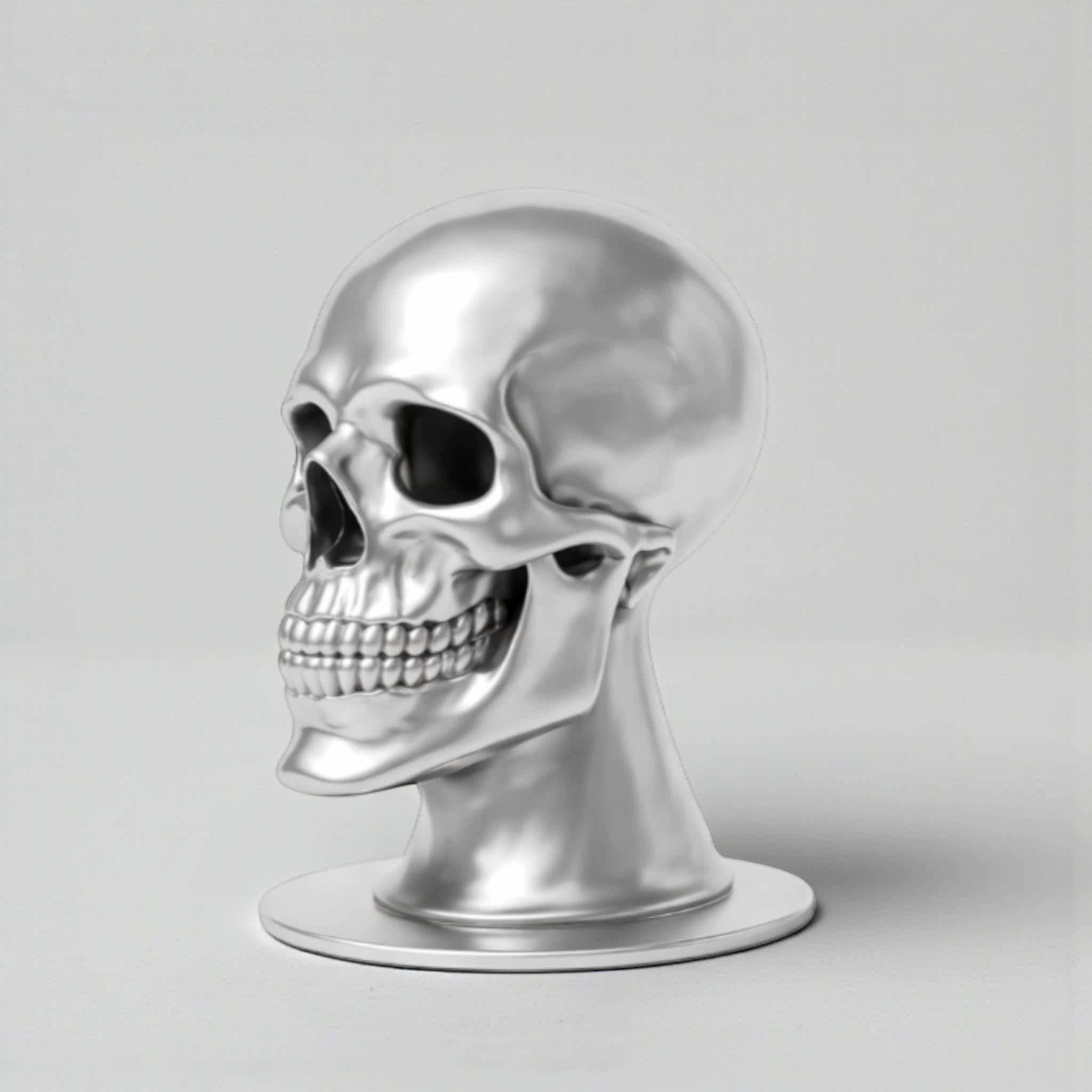 Happy3dWorld silver chrome skull headphone stand with a sleek metallic finish for cyberpunk gaming desk setups.