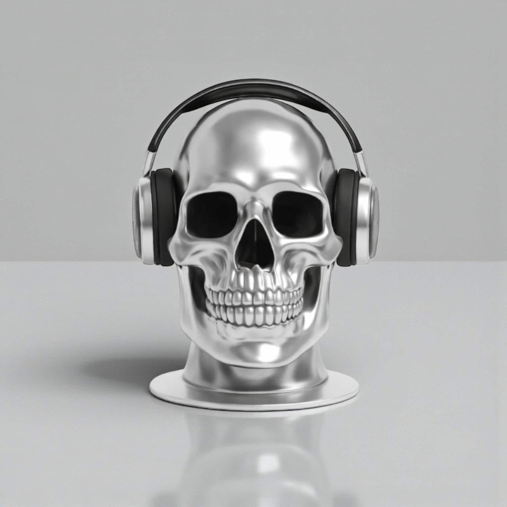 Happy3dWorld silver chrome skull headphone stand holding black over-ear gaming headset on a clean desk surface