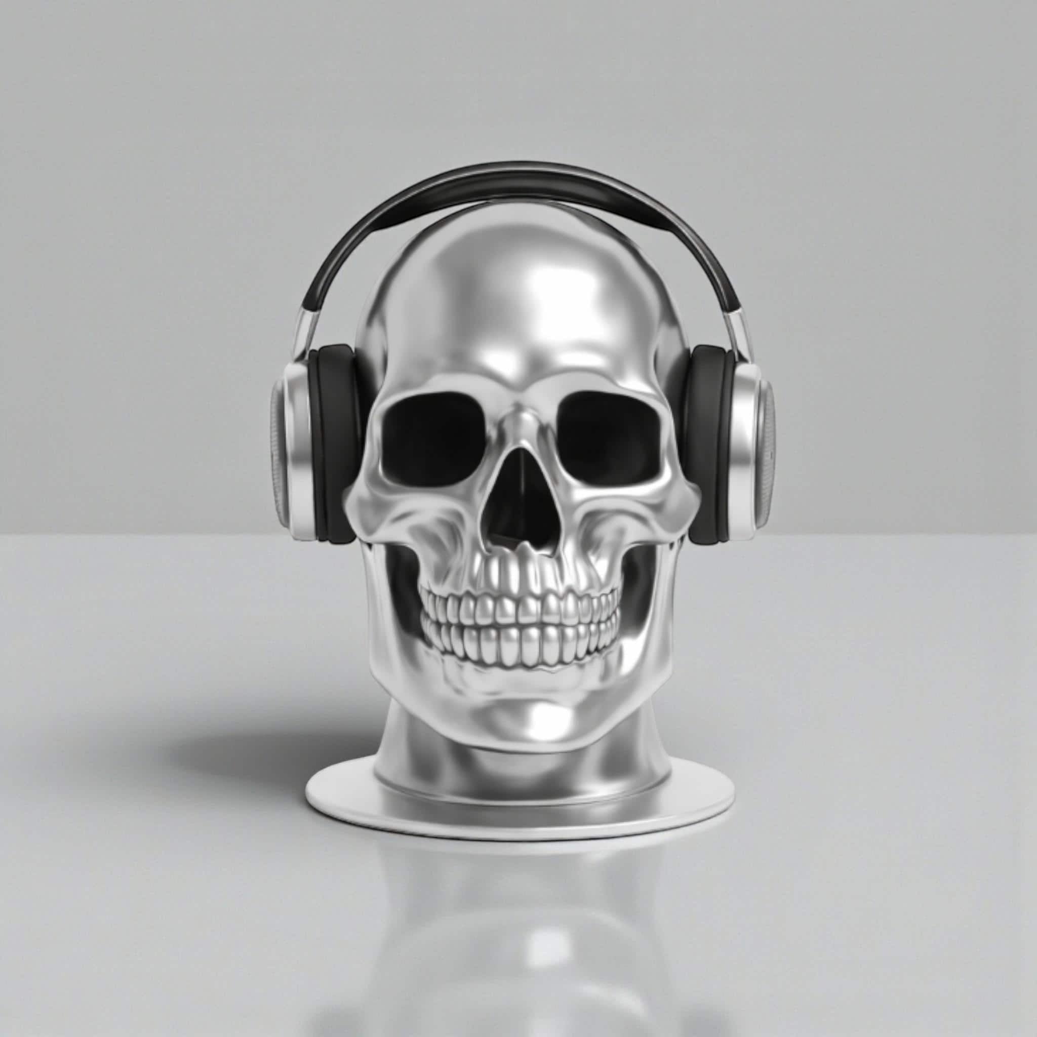 Happy3dWorld silver chrome skull headphone stand holding black over-ear gaming headset on a clean desk surface
