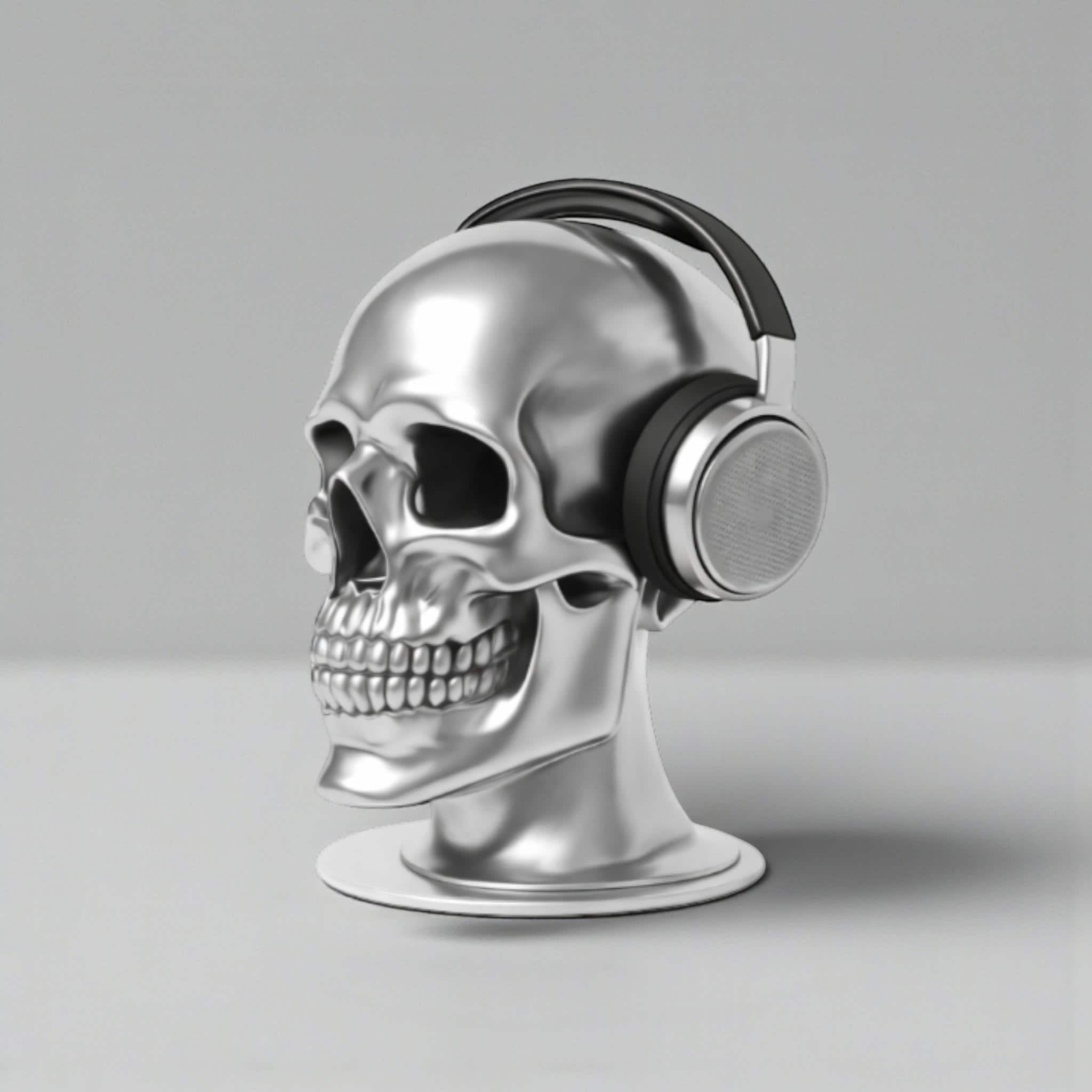 Happy3dWorld silver chrome skull headphone stand holding black over-ear gaming headset on a clean desk
