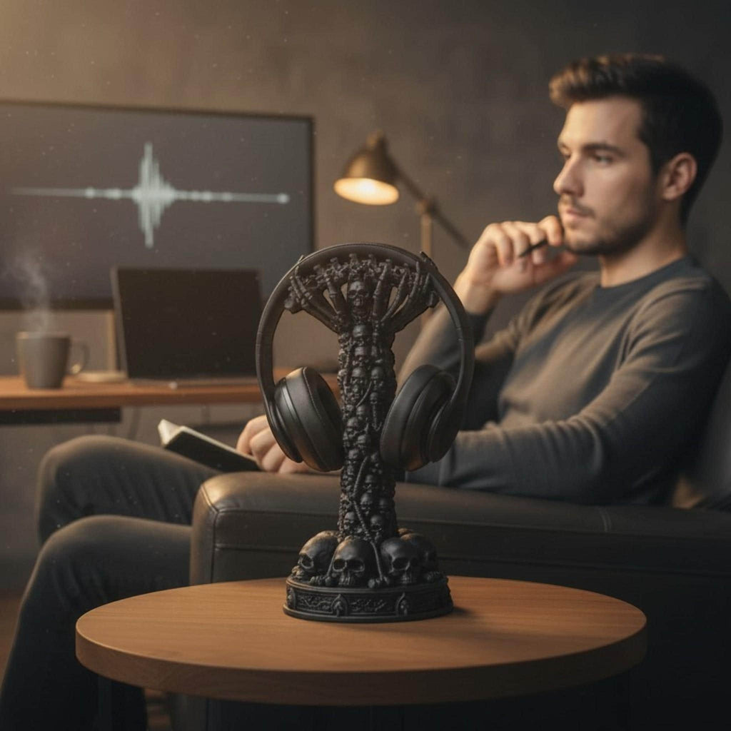 Happy3dWorld matte black skull column headphone stand on a wooden table in a dark gaming room with a man in background