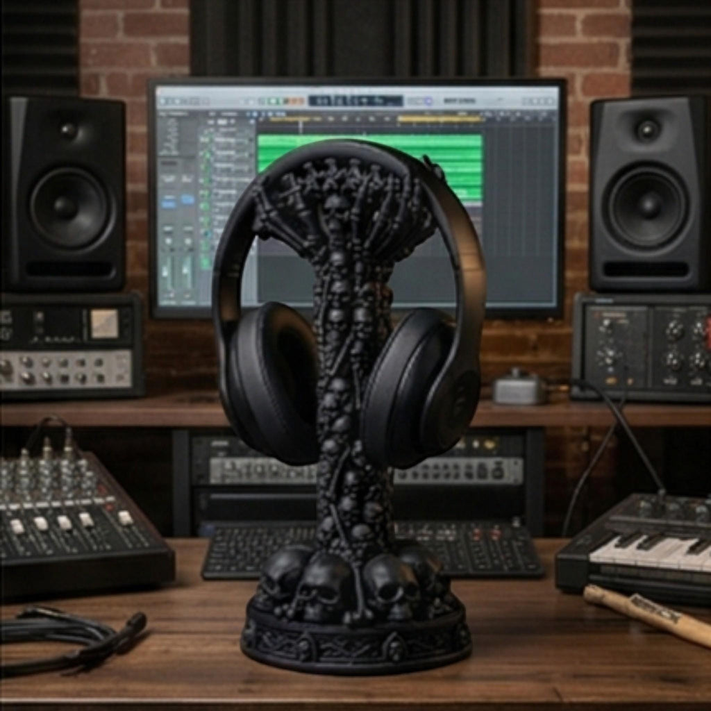 Happy3dWorld matte black skull column headphone stand holding black headphones on a wooden desk in a gaming studio.