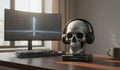 Happy3dWorld matte silver cybernetic skull headphone stand with engraved circuit patterns on a gaming desk setup
