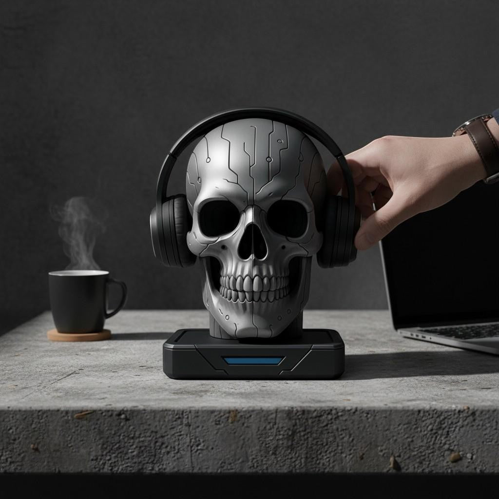 Happy3dWorld matte silver cybernetic skull headphone stand with engraved circuit patterns on a gaming desk setup.