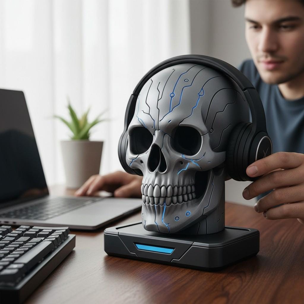 Happy3dWorld matte silver cybernetic skull headphone stand with blue circuit details on a gaming desk.