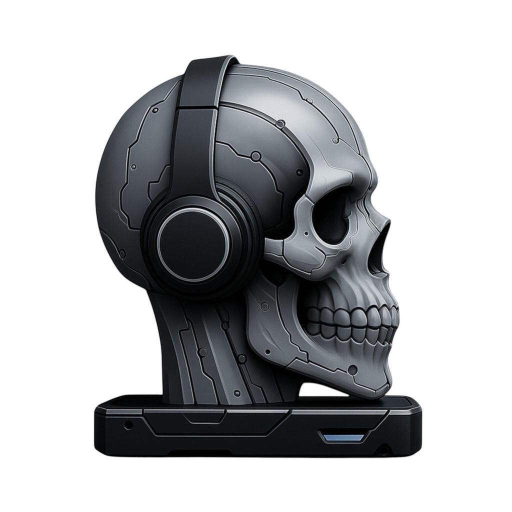 Happy3dWorld matte silver cybernetic skull headphone stand with engraved circuit patterns on a stable black base.