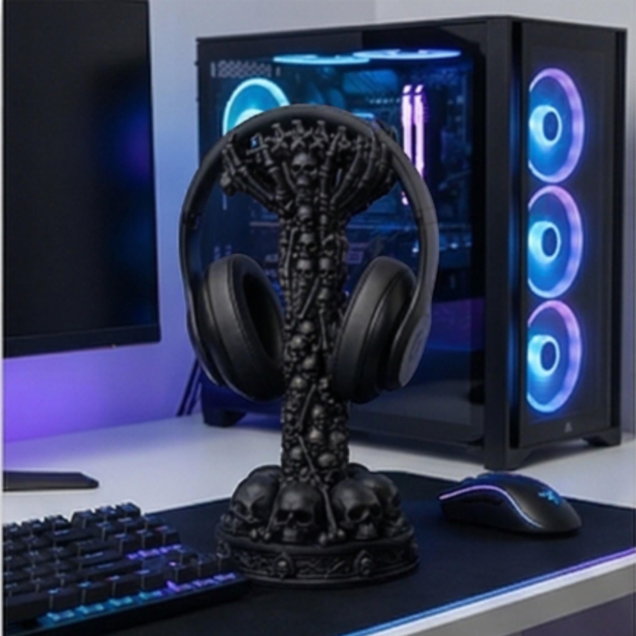 Happy3dWorld gothic skull column headphone stand with matte black finish on a gaming desk setup