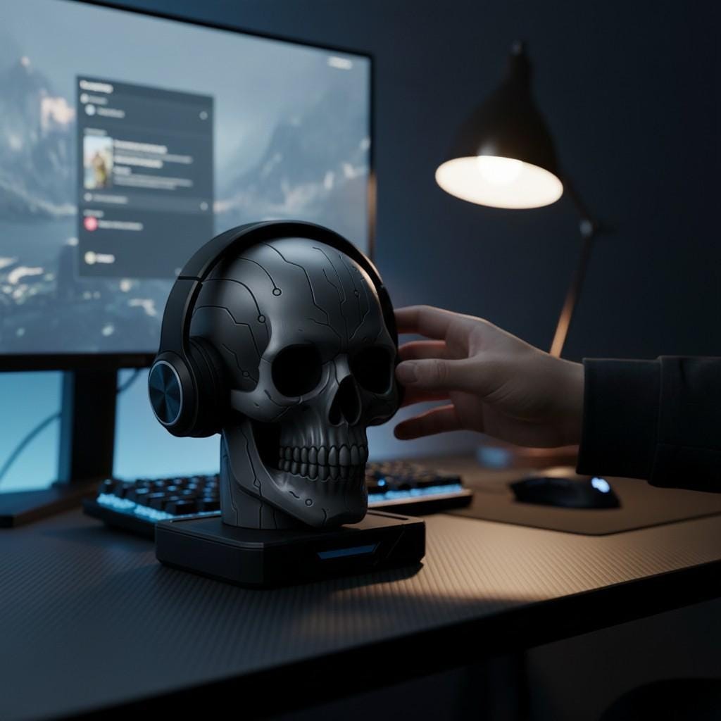 Happy3dWorld matte silver cybernetic skull headphone stand with engraved circuit patterns on a gaming desk setup