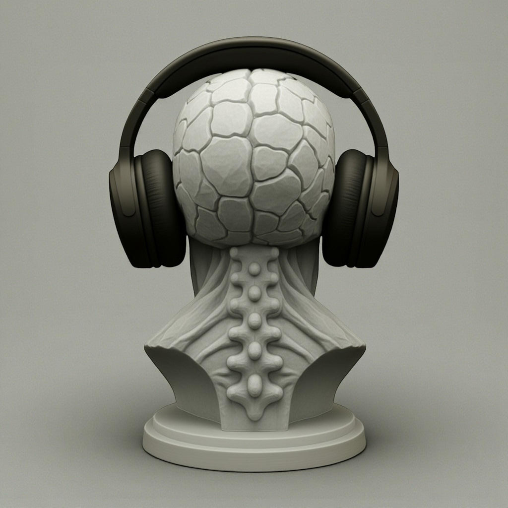 Happy3dWorld grey skull headphone stand with a textured brain design holding black over-ear gaming headphones.