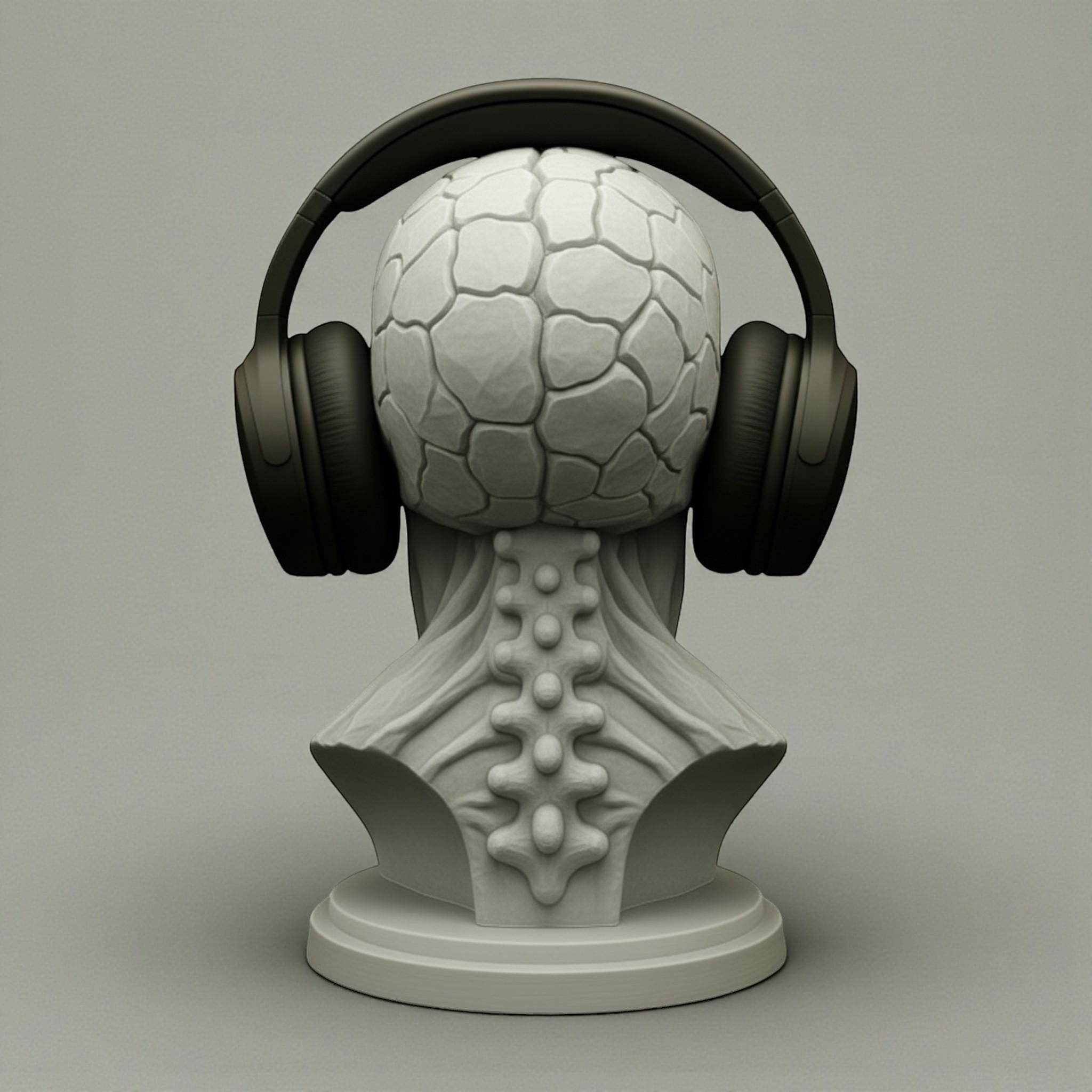 Happy3dWorld grey skull headphone stand with a textured brain design holding black over-ear gaming headphones.