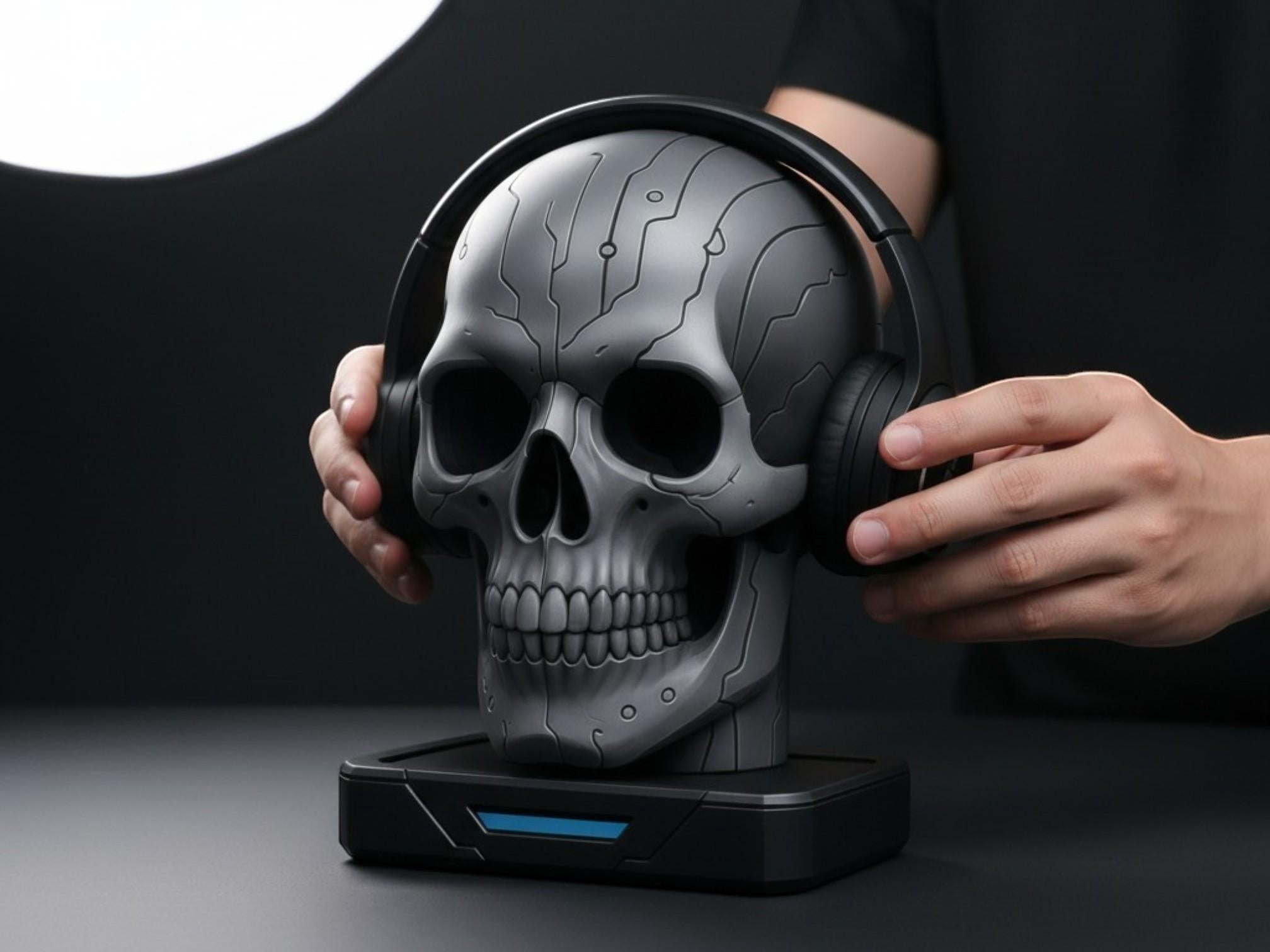 Happy3dWorld matte silver cybernetic skull headphone stand with engraved circuit patterns on a black gaming desk base.