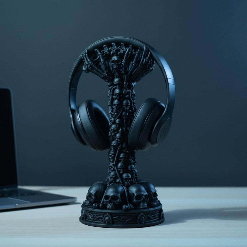 Happy3dWorld matte black resin headphone stand featuring a vertical column of detailed skulls for gothic gaming setups