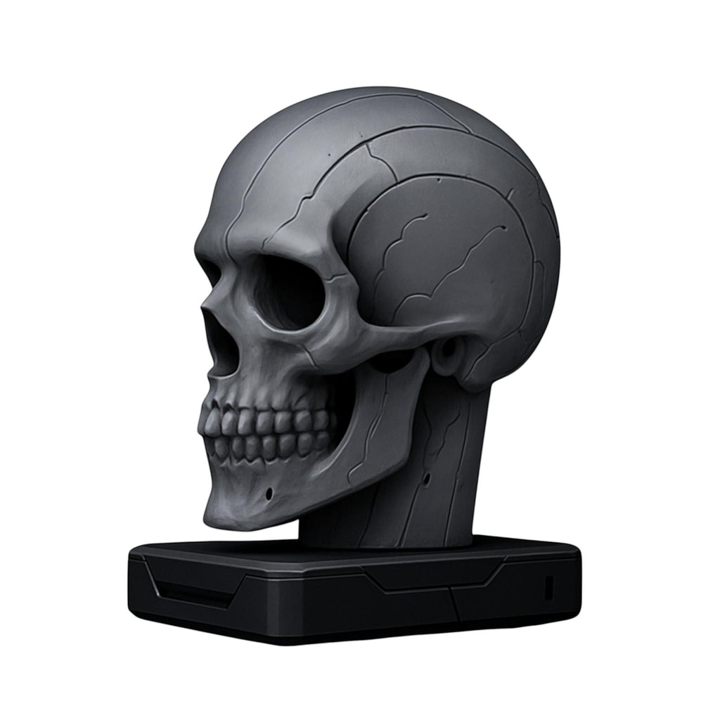 Happy3dWorld matte silver cybernetic skull headphone stand with engraved circuit patterns on a weighted black base.